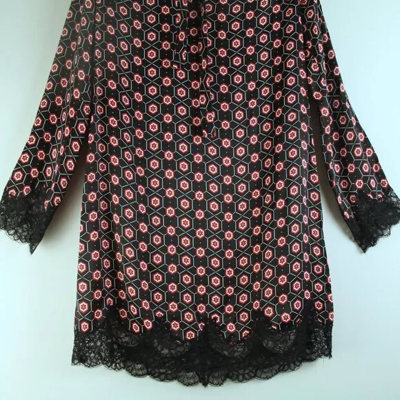 Sandro Paris Black Satin Red Floral Tie Neckline Lace Trim Mini Shift Dress 2 - Picture 3 of 6
